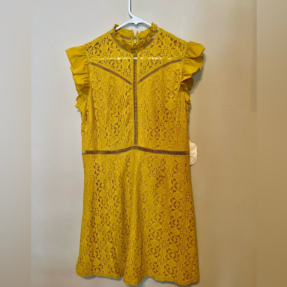 NWT Altar’d State Yellow Lace Dress with Ruffle Neck, L